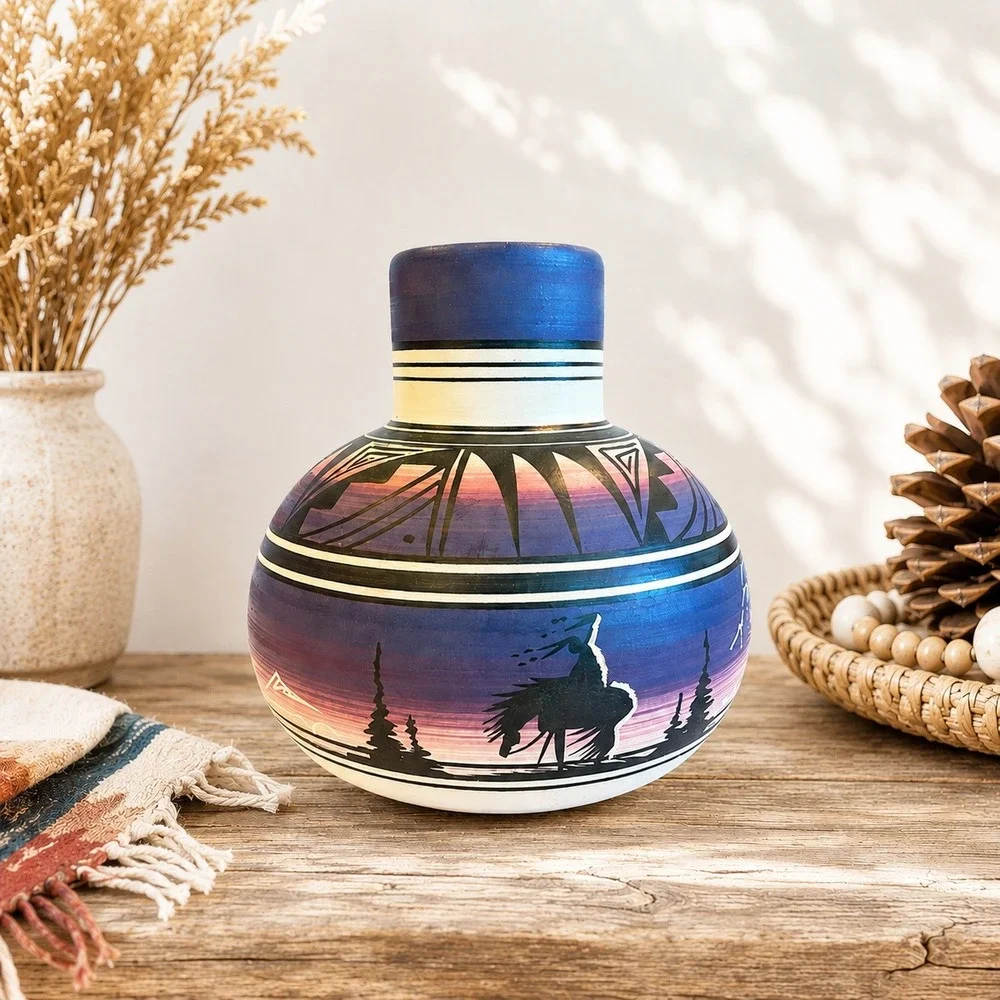 Vintage Navajo Pottery Vase Signed End of the Trail Hand Painted Signed 6.5